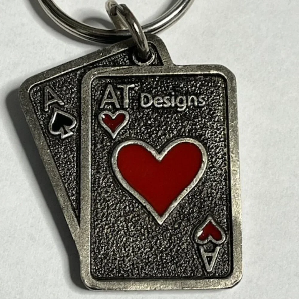 3D Ace of Hearts Playing Card Metal Pewter Key Chain Ring Clip 2.5